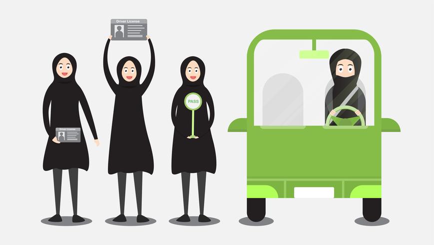Woman can drive a car in Saudi Arabia on the cloud. Arab adult get a driver license. Vector illustration of character design in flat style.