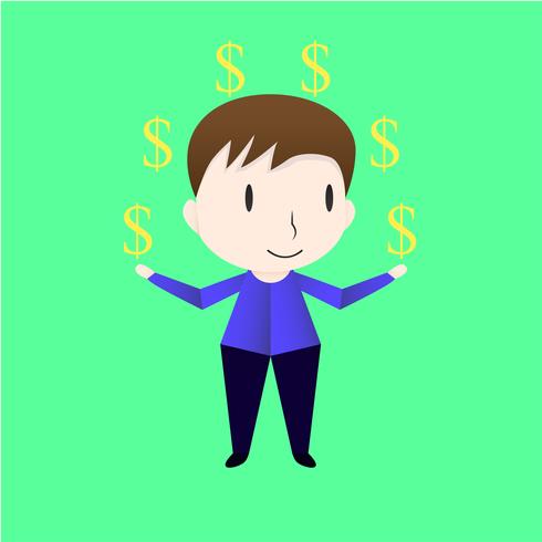 Character design of man who is exchanging money. Vector of the boy isolated on green background.