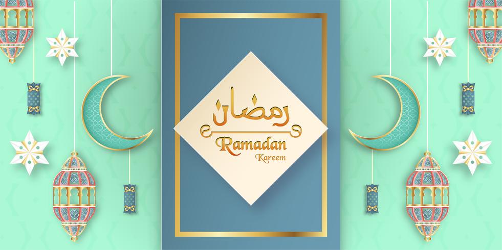 Plantilla para Ramadan Kareem en color verde y dorado. Diseño del ejemplo del vector 3D en el corte y el arte del papel para la tarjeta de felicitación islámica, invitación, cubierta de libro, folleto, bandera del web, anuncio.