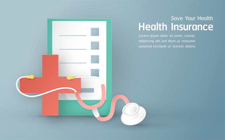 Vector illustration in concept of health insurance. Template design is on pastel blue background for cover, web banner, poster, slide presentation. Art Craft for kid in 3D paper cut style.