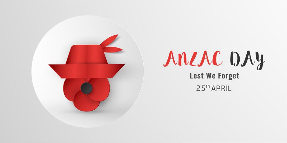 Feliz día de Anzac el 25 de abril por quien sirvió y murió en la guerra de Australia y Nueva Zelanda. Diseño de elementos de plantilla para banner, cartel, saludo, invitación. Ilustración vectorial en papel cortado, estilo artesanal. vector