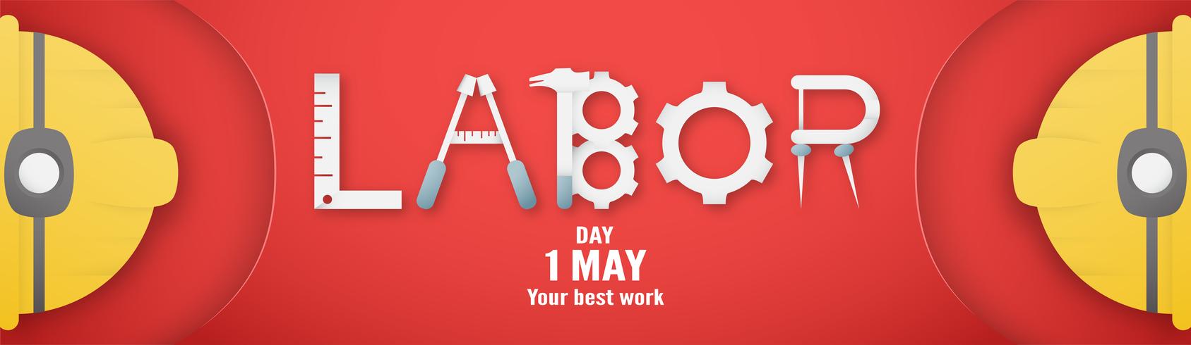 Happy Labor day on 1 May of years. Template design for banner, poster, cover, advertisement, website. Vector illustration in paper cut and craft style on red background.