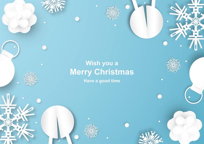 Christmas decoration on blue background in paper cut and craft with snow flake.  vector