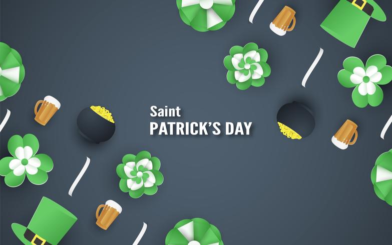 Template for St. Patrick's Day on Sunday, March 17. Vector illustration in 3D paper cut and craft style.