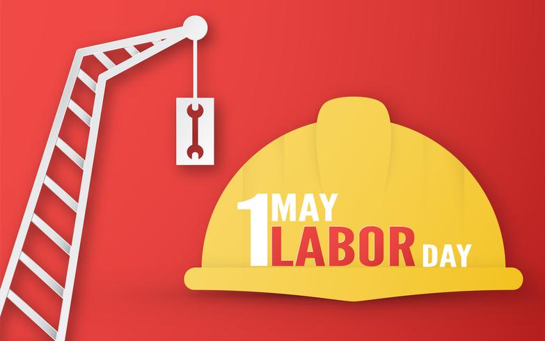 Happy Labor day on 1 May of years. Template design for banner, poster, cover, advertisement, website. Vector illustration in paper cut and craft style on red background.