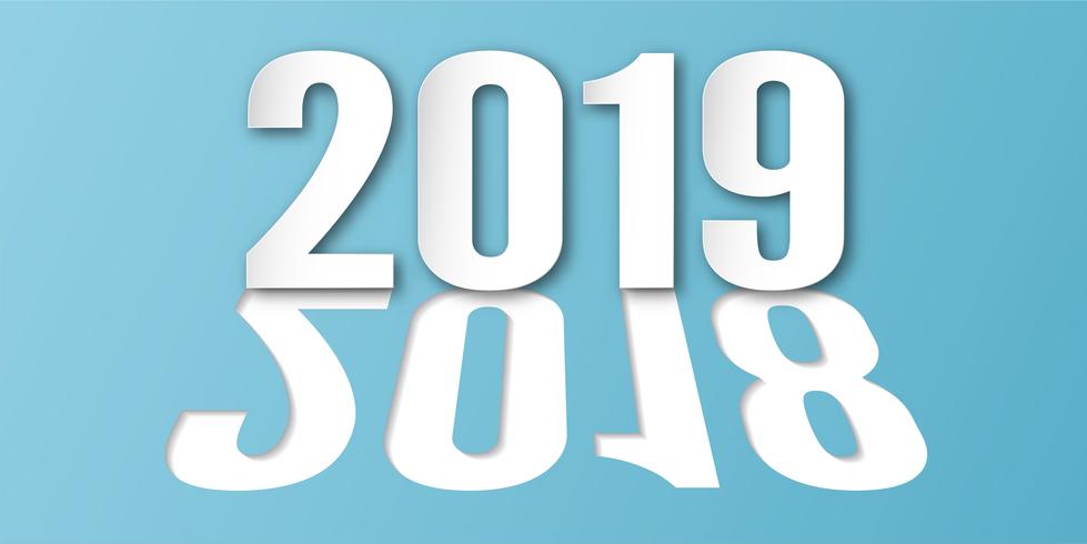 Feliz año nuevo 2019 decoración sobre fondo azul. Ilustración vectorial con diseño de caligrafía de números en papel cortado y artesanía digital. El concepto muestra que ha cambiado de año. vector
