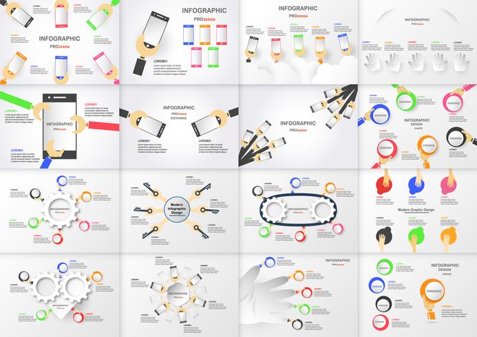 Sistema del elemento del infographics con la mano que sostiene la caja colorida del círculo y el teléfono móvil. Gráficos para presentación de negocios con espacio de copia sobre fondo gris vector