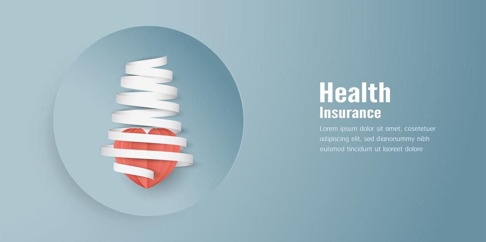 Vector illustration in concept of health insurance. Template design is on pastel blue background in 3D paper cut style. 