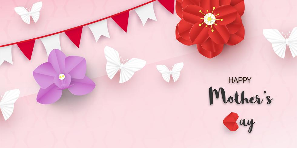 Template design for happy mother's day. Vector illustration in paper cut and craft style. Decoration background with flowers for invitation, cover, banner, advertisement.