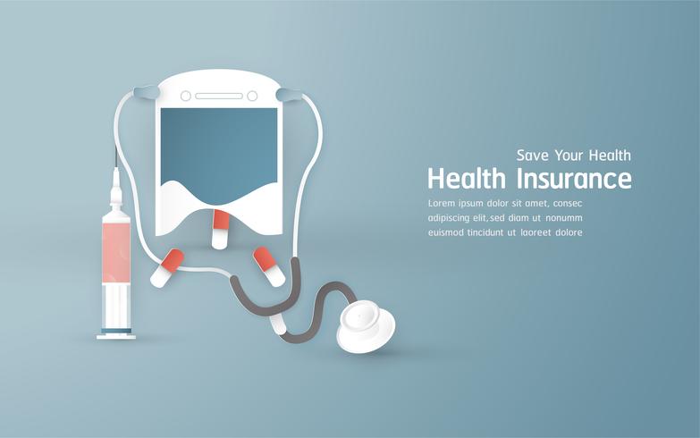 Vector illustration in concept of health insurance. Template design is on pastel blue background for cover, web banner, poster, slide presentation. Art Craft for kid in 3D paper cut style.