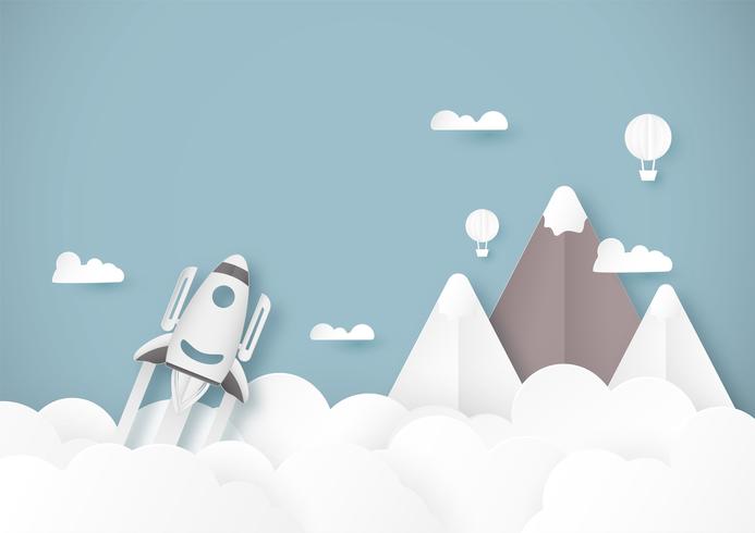 Vector illustration with start up concept in paper cut, craft and origami style. Rocket on the sky.