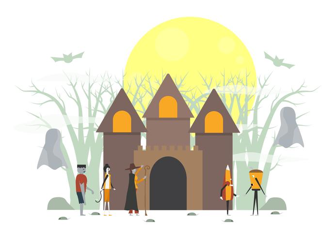 Minimal scary scene for halloween day, 31 October, with monsters that include glass, frankenstein, umbrella, witch woman, cat. Vector illustration isolated on white background.