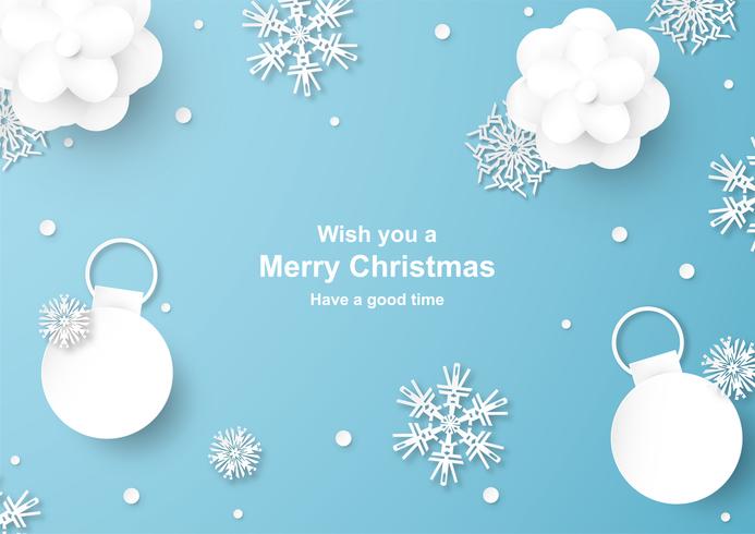 Christmas decoration on blue background in paper cut and craft with snowflake.  vector