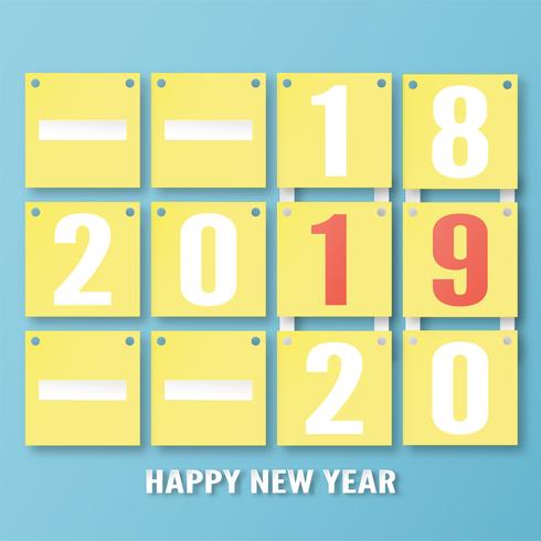 Happy New Year 2019 decoration on blue background. Vector illustration with calligraphy design of number in paper cut and digital craft. The concept shows that It has changing of the year.