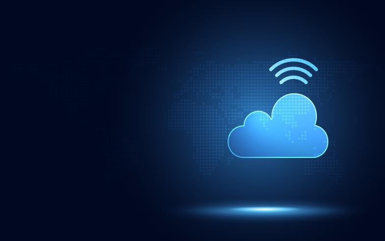 Futuristic blue cloud with wireless signal digital transformation abstract technology background. Artificial intelligence and big data concept. Industry 4.0 and 5g wifi data storage communication vector