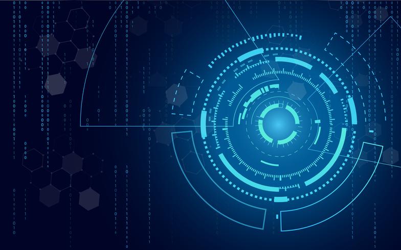 La tecnología azul circula y el fondo abstracto de la informática con la matriz del código azul y binario. Negocio y conexión. Concepto futurista e industrial 4.0. Internet ciber y tema de red. vector