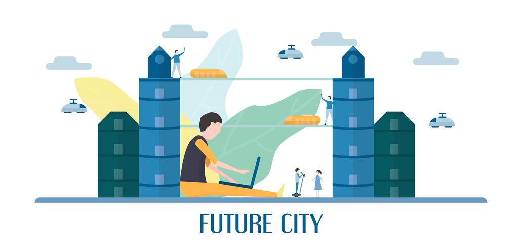 Future people in urban buildings with blue sky and cloud. Vector illustration with flat city in paper cut style. Trend of landmark for downtown of the world and big country. 