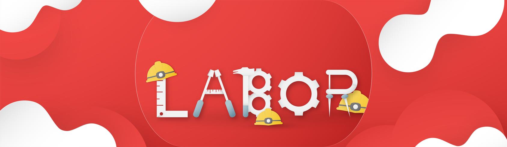 Happy Labor day on 1 May of years. Template design for banner, poster, cover, advertisement, website. Vector illustration in paper cut and craft style on red background.