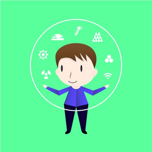 Character design of man who is clever. Vector of the boy isolated on green background.
