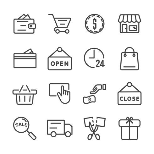 Conjunto de iconos de compras. Black Friday y Cyber Monday concepto Tema de icono de línea delgada. Iconos de símbolo de trazo de contorno. Fondo blanco aislado Ilustración vectorial vector