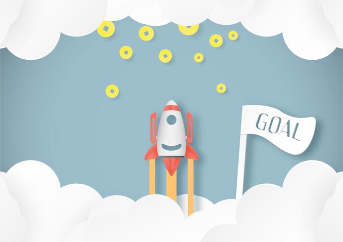 Vector illustration with start up concept in paper cut, craft and origami style. Rocket on the sky.