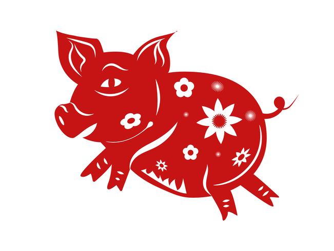 Zodiaco del cerdo. Feliz año nuevo chino 2019 el año del concepto porcino. Arte de papel y tema de diseño gráfico. Vector de la ilustración para el aniversario y la celebración de la tarjeta de felicitación. Textura de patrón de color rojo