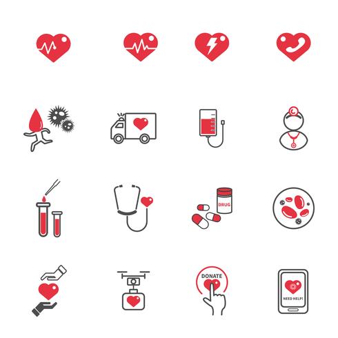Heart medical care icons. Healthcare and Technology concept. Emergency and Blood donation concept. Illustration vector collection set. Sign and Symbol theme.