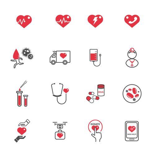 Iconos de atención médica del corazón. Concepto de salud y tecnología. Concepto de emergencia y donación de sangre. Conjunto de la colección del vector de la ilustración. Tema de signo y símbolo.