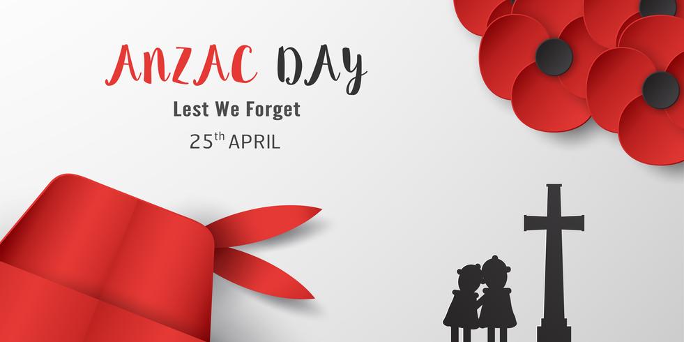 Feliz día de Anzac el 25 de abril por quien sirvió y murió en la guerra de Australia y Nueva Zelanda. Diseño de elementos de plantilla para banner, cartel, saludo, invitación. Ilustración vectorial en papel cortado, estilo artesanal. vector