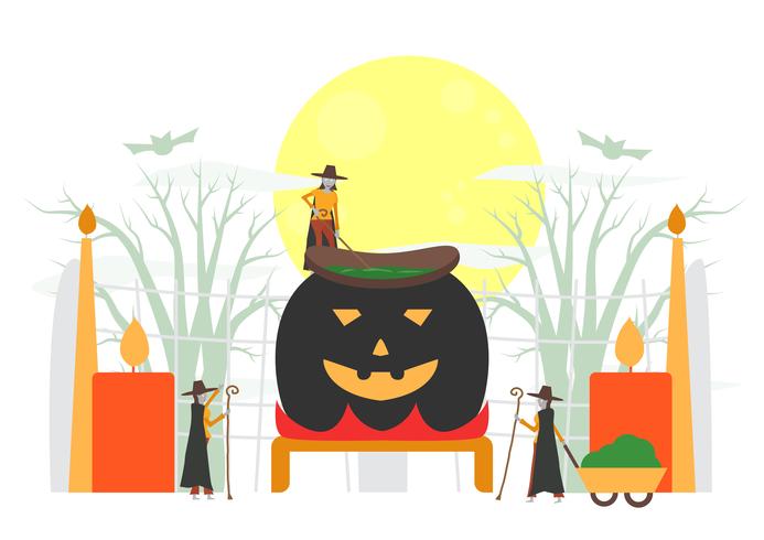 Escena mínima para el día de halloween, 31 de octubre, con monstruos que incluyen a la mujer bruja. Ilustración del vector aislada en el fondo blanco.