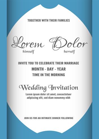 Wedding invitation is soft blue and white color. Vector illustration in flat and paper cut style.