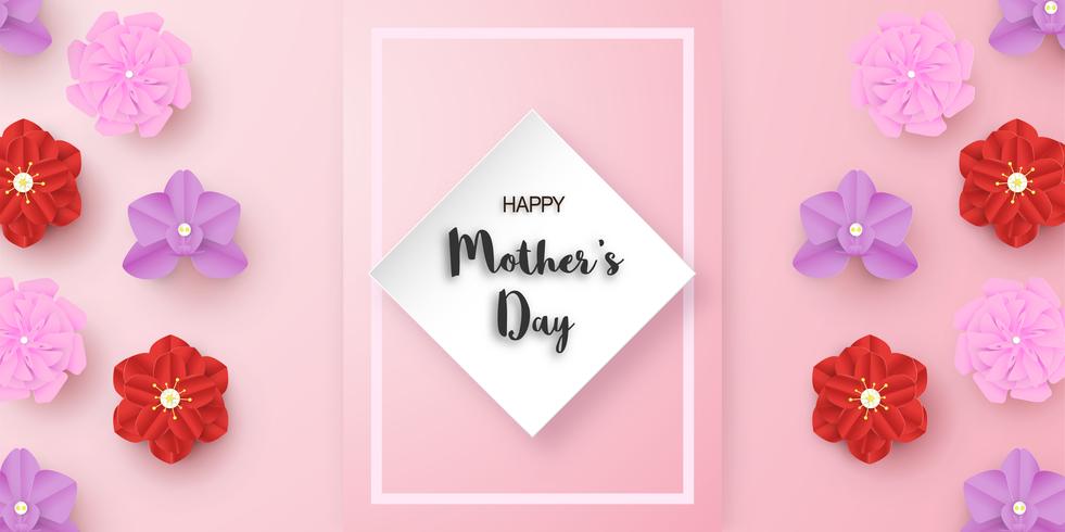 Template design for happy mother's day. Vector illustration in paper cut and craft style. Decoration background with flowers for invitation, cover, banner, advertisement.