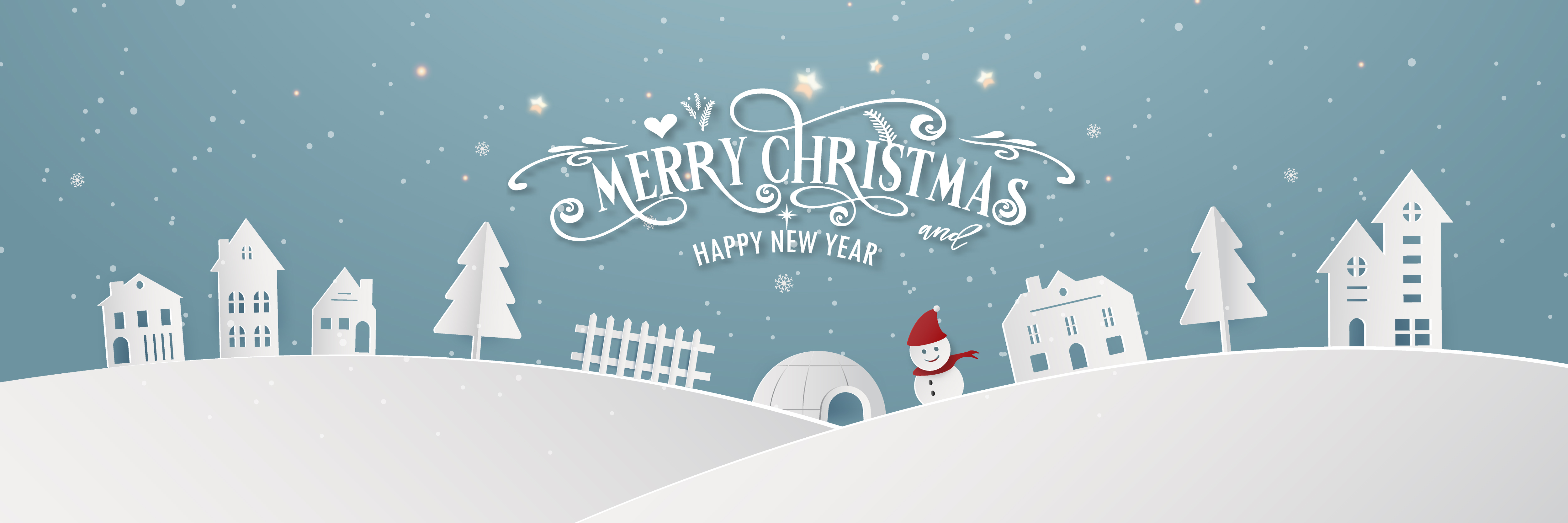 Merry Christmas snowy town day night and happy new year blue Xmas