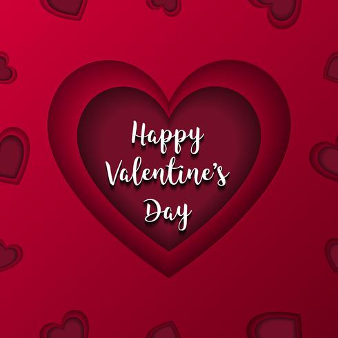 Vector feliz de la tarjeta de felicitación del día de tarjetas del día de San Valentín. Corazón rojo en componente medio. Concepto de amor y pareja. Tarjeta postal y tema de ilustraciones en papel. Patrón sin costuras con el uso de color degradado