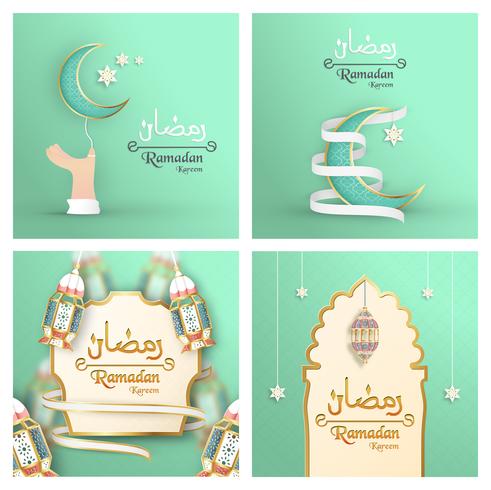 Plantilla para Ramadan Kareem en color verde y dorado. Diseño del ejemplo del vector 3D en el corte y el arte del papel para la tarjeta de felicitación islámica, invitación, cubierta de libro, folleto, bandera del web, anuncio.