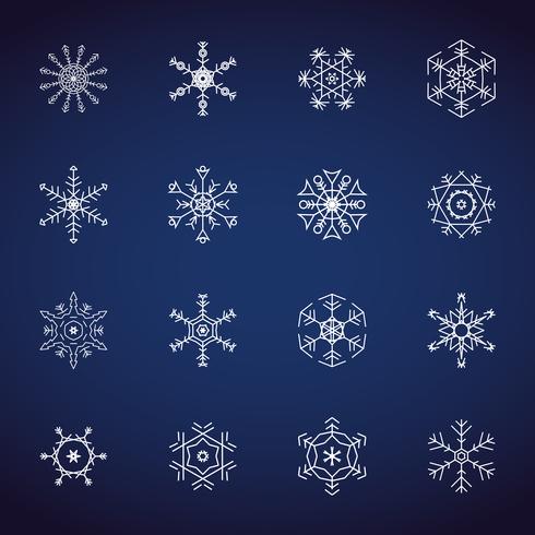 Conjunto de iconos de copos de nieve de invierno. Iconos de diseño plano. Vectores de ilustración para Navidad y año nuevo día. Dibujado a mano abstracto y línea. Conjunto fiesta temática fiesta de nieve y evento congelado.