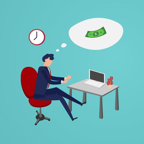 Hombre de negocios trabajando horas extras para hacer dinero en la oficina. Diseño plano y concepto de diseño de personajes. Tema de negocios y personas. vector