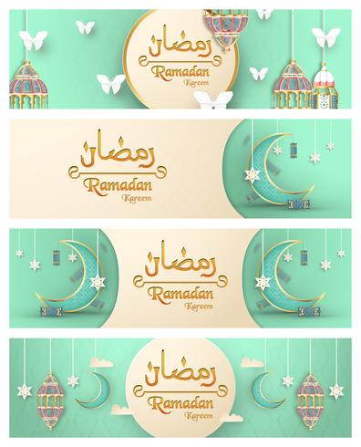 Plantilla para Ramadan Kareem en color verde y dorado. Diseño del ejemplo del vector 3D en el corte y el arte del papel para la tarjeta de felicitación islámica, invitación, cubierta de libro, folleto, bandera del web, anuncio.