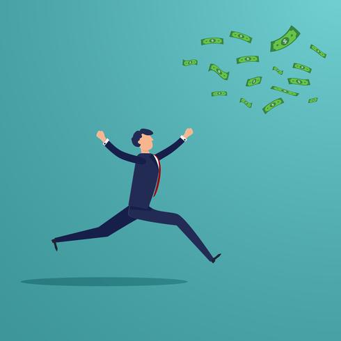 Businessman running to catch money banknote that blow away. Business and Financial concept. Loss profit investment people theme. Character graphic design. Vector illustration for presentation template