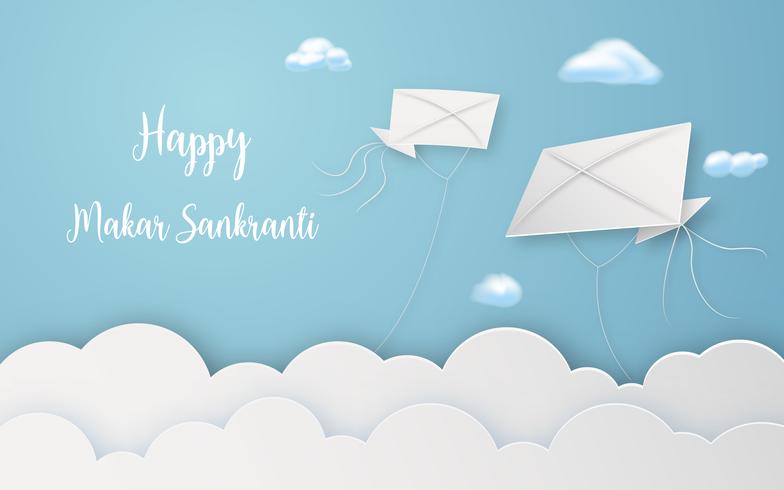 Feliz festival Makar Sankranti con cometas voladoras en arte digital aéreo. Concepto de festival religioso y celebración. Arte de papel y diseño gráfico de papercraft Vector ilustración decoración tarjeta