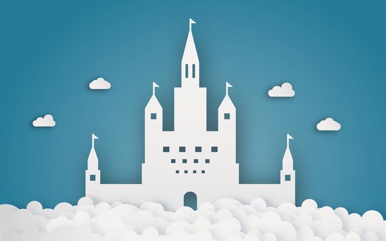 Sky castle on cloud papercraft. Abstract and fantasy theme background. Digital craft and origami concept. vector
