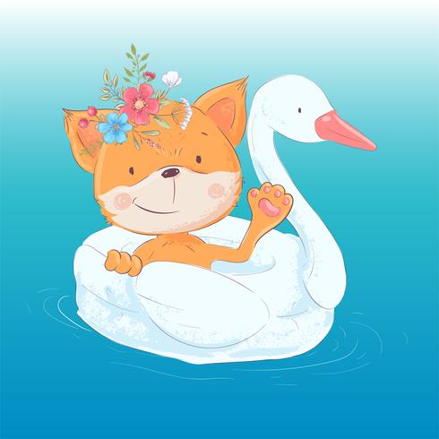 Ilustración de una tarjeta de felicitación o una princesa para la habitación de un niño - un lindo zorro en un círculo inflable en forma de cisne, ilustración vectorial en estilo de dibujos animados vector