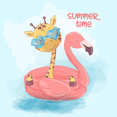 Illustration of a greeting card or a princess for a children's room - a cute giraffe on an inflatable circle in the form of a flamingos, vector illustration in cartoon style