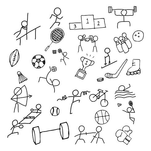 Deporte Doodle conjunto de iconos de arte. Icono de línea delgada para juego de mar y juego olímpico. Dibujado a mano el arte del diseño gráfico. Concepto de ejercicio y competición. vector