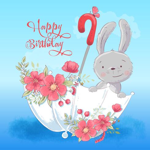 Illustration postcard or princess for a child's room - cute rabbit in an umbrella with flowers, vector illustration in cartoon style