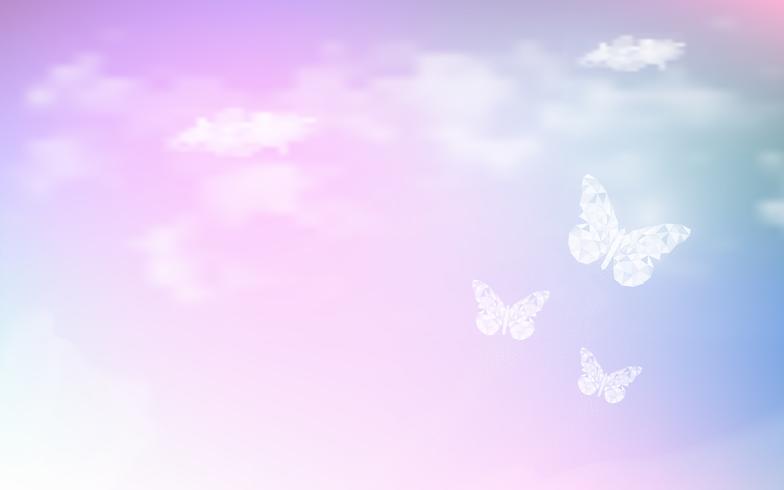 Fantasía soñando el cielo con mariposas de baja poli en el fondo de color pastel. Holograma cielo arco iris y magia colorida cloudscape wallpaper. Por invitación carta carta diseño gráfico del concepto de naturaleza. vector