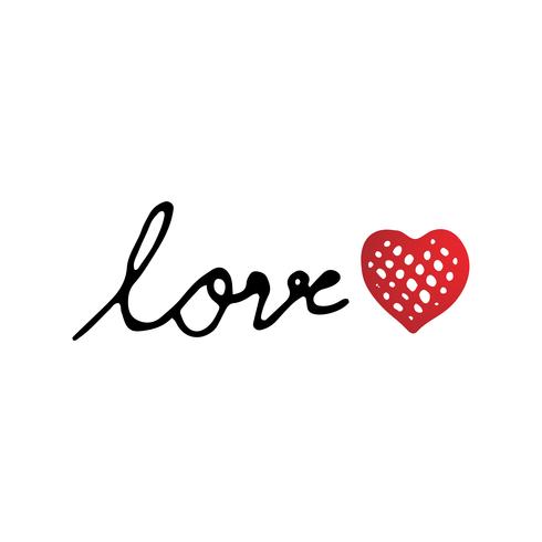 Love text with red heart design vector for Valentines day event and festival. Love and Happiness concept. Font letter and text theme. Hand writing and drawing text for special holiday 