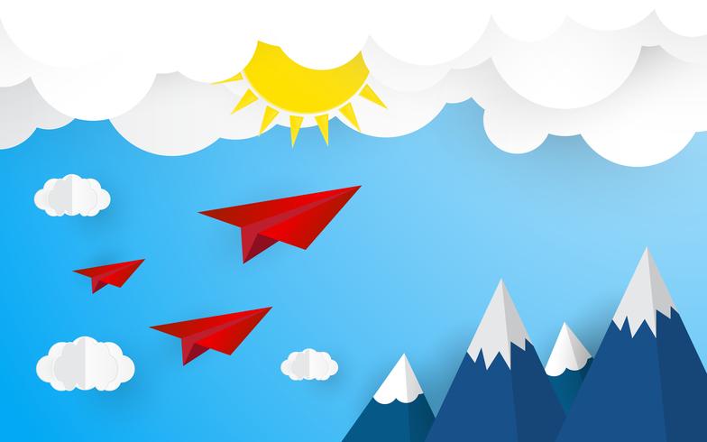 Origami plane on blue sky with cloud and sun. Summer and Nature concept. Business and Success concept.  Paper art and Digital craft style Theme vector