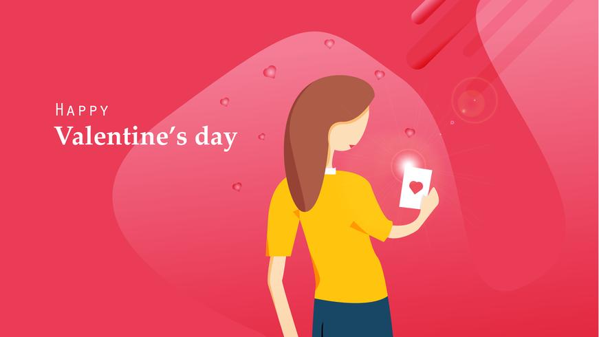 Feliz día de San Valentín diseño plano. Mujer que mira la postal del corazón de su novio. Concepto de diseño gráfico. Ilustración vectorial vector