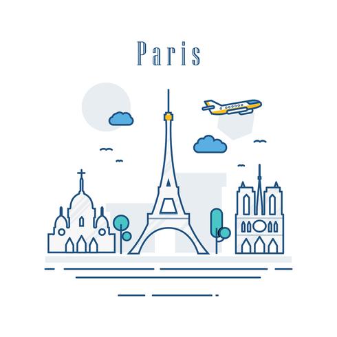 Paris city of France. Line Art of famous buildings. Modern cityscape landmarks banner showplace composition. Holiday travel and sightseeing capital concept. Vector illustration